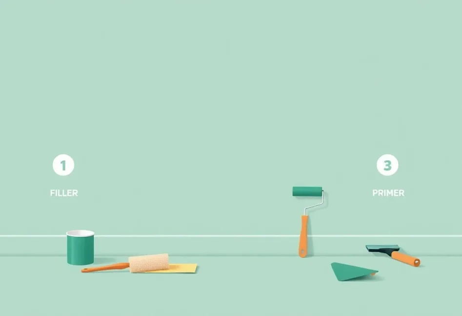 Outils de peinture disposés dans l'ordre des étapes du chantier