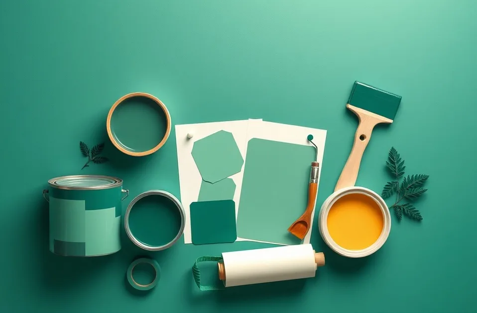 Pots de peinture, nuancier, brosses et rouleaux disposés à plat