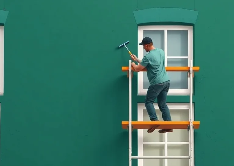 Peintre sur échafaudage traitant la façade d'une maison