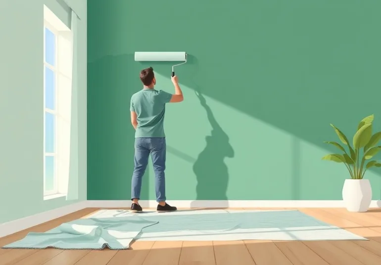 Peintre appliquant la peinture au rouleau sur un mur de salon